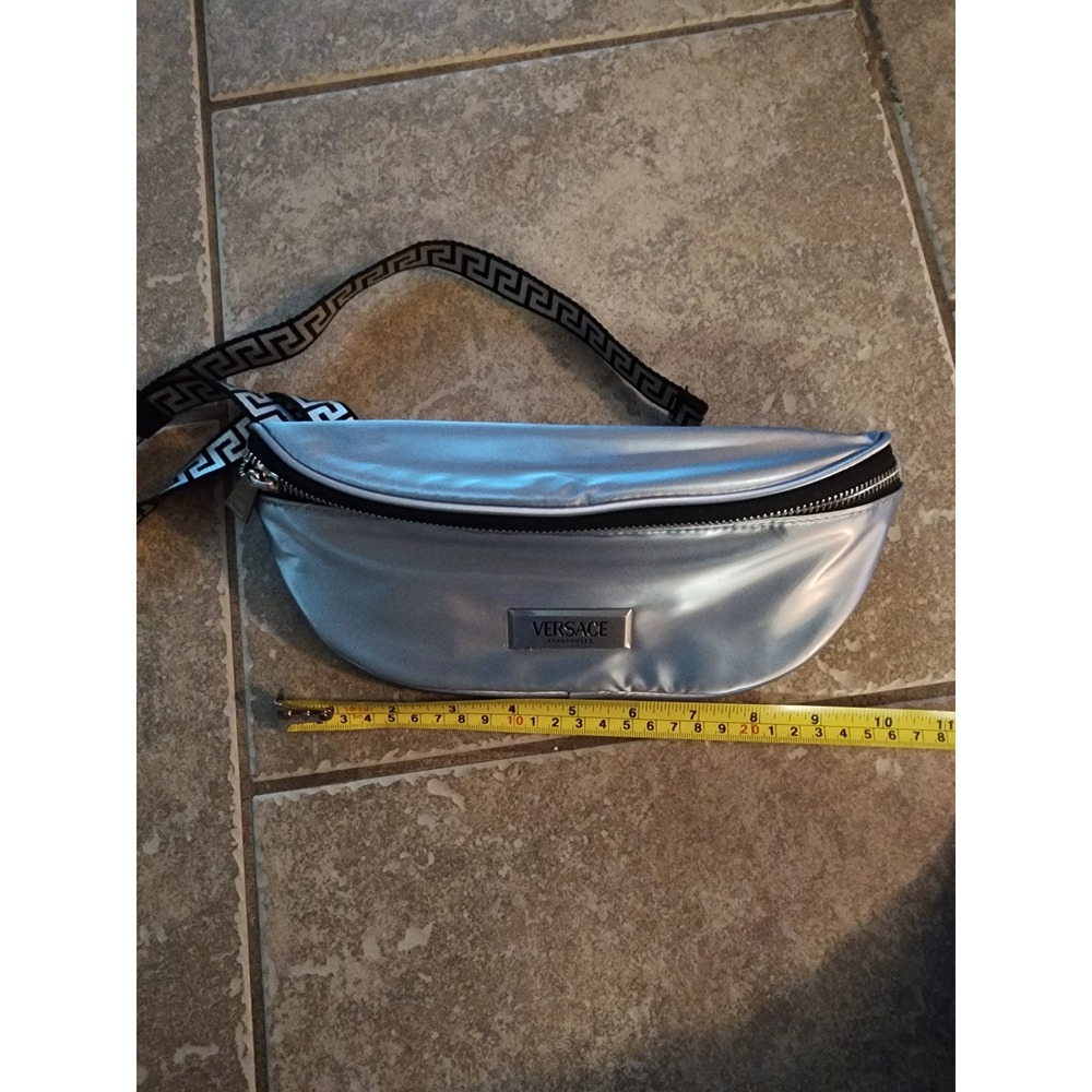 Versace Parfums Metallic Silver Belt Bag Greek Key Strap Waist Pack Logo Plaque